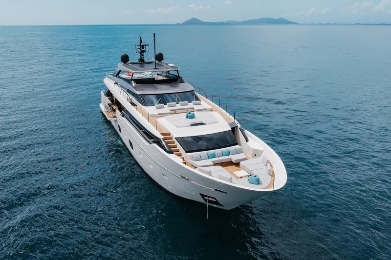 Slide: The Image of Luxury Sanlorenzo SLA120A yacht, 2020 model, with spacious deck and elegant design on blue water. - 7