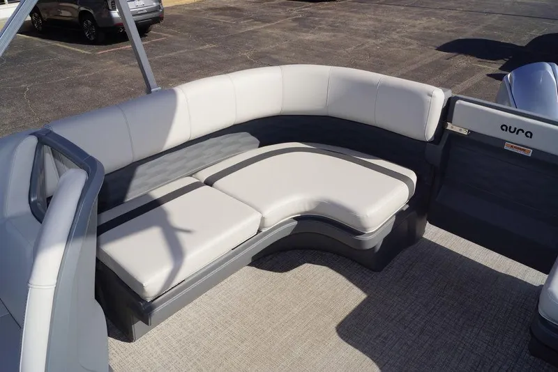 Slide: The Image of 2026 Avalon GS Quad Lounge boat interior with sleek, modern seating design. - 20