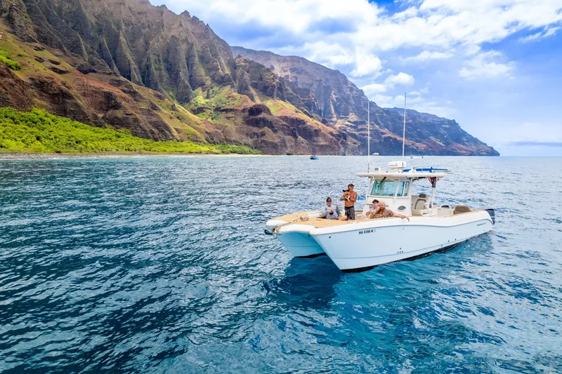 The Image of 2020 World Cat 320 CC boat cruising near scenic cliffs and ocean. - 1