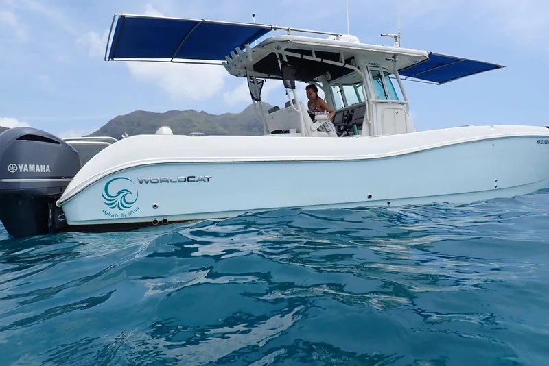 Slide: The Image of 2020 World Cat 320 CC boat on clear blue water with mountains in the background. - 3