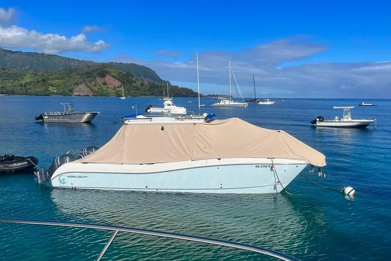 Slide: The Image of 2020 World Cat 320 CC boat moored in scenic bay with cover, surrounded by other boats. - 4