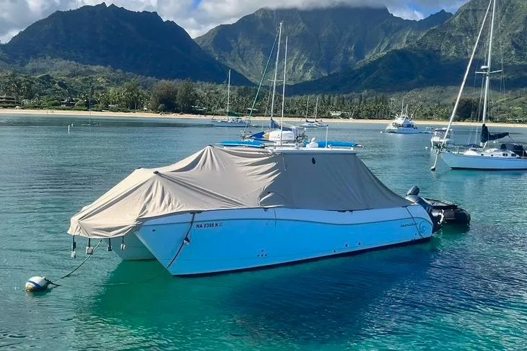 Slide: The Image of 2020 World Cat 320 CC boat moored in scenic bay with mountains in background. - 5