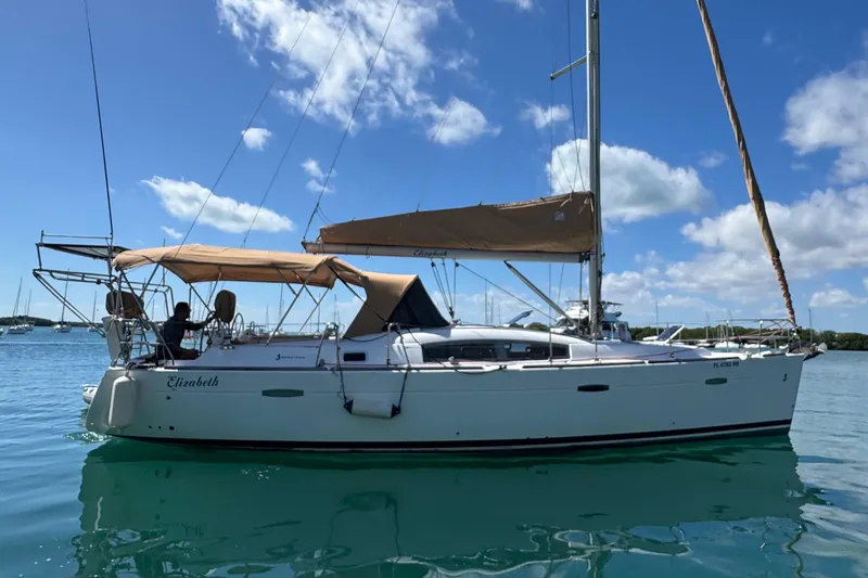 Slide: The Image of 2008 Beneteau Oceanis 40 sailboat on calm water under a clear blue sky. - 3