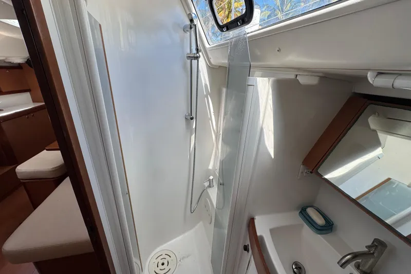 Slide: The Image of Interior view of 2008 Beneteau Oceanis 40 yacht bathroom with shower and sink. - 33