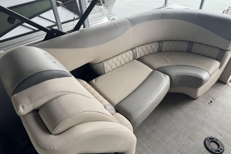 Slide: The Image of Luxurious seating on 2020 Harris Grand Mariner 250 pontoon boat, featuring elegant upholstery. - 23