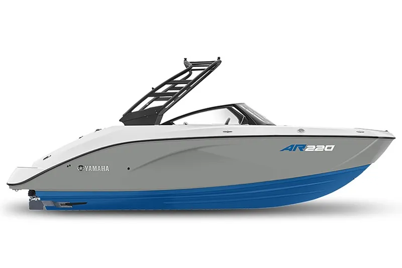 Slide: The Image of 2026 Yamaha Boats AR220, sleek design, white and blue hull, modern features. - 23