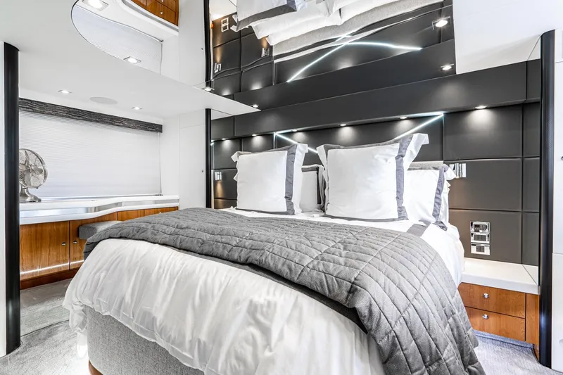Slide: The Image of Luxurious bedroom interior of 2021 Sunseeker Predator 68 yacht with modern design elements. - 60