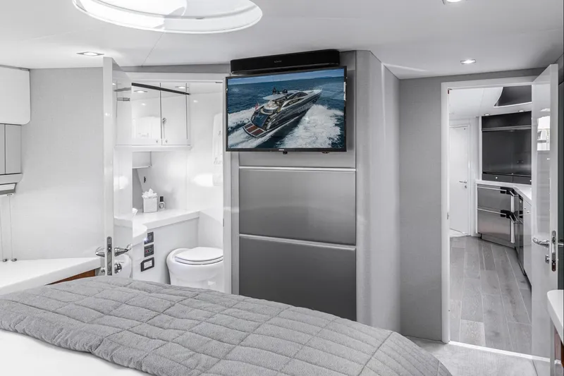 Slide: The Image of Luxurious interior of 2021 Sunseeker Predator 68 yacht with modern amenities and sleek design. - 69