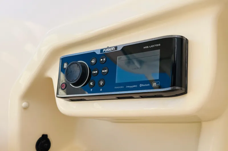 Slide: The Image of 2014 Grady-White Freedom 275 dashboard with logo and control switches. - 18