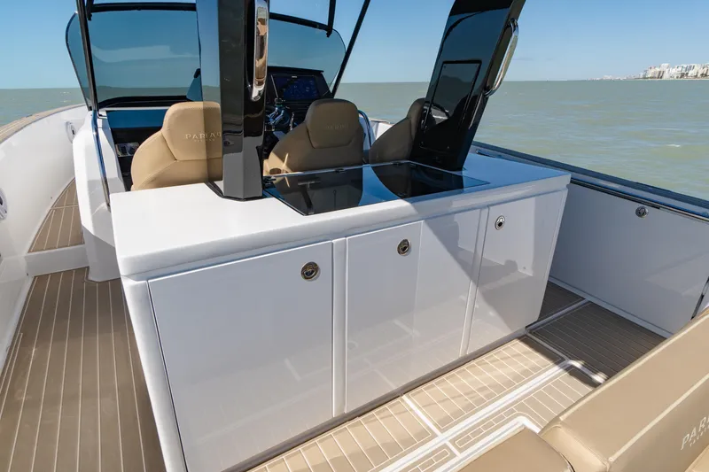 Slide: The Image of 2025 Pardo Yachts P38R luxury yacht deck with seating, ocean view. - 13