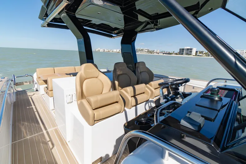 Slide: The Image of 2025 Pardo Yachts P38R luxury yacht interior with seating and ocean view. - 16