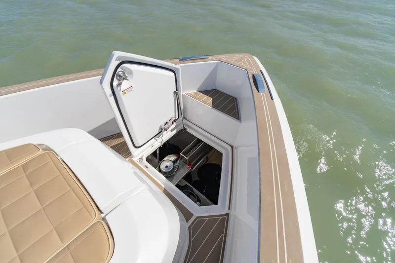 Slide: The Image of Interior shower of 2025 Pardo Yachts P38R, featuring sleek modern design and skylight. - 31