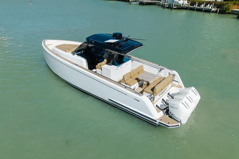 Slide: The Image of 2025 Pardo Yachts P38R luxury boat on calm water, featuring sleek design and powerful engines. - 1