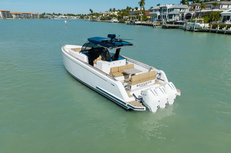 Slide: The Image of 2025 Pardo Yachts P38R luxury yacht on calm waters, featuring sleek design and powerful engines. - 2