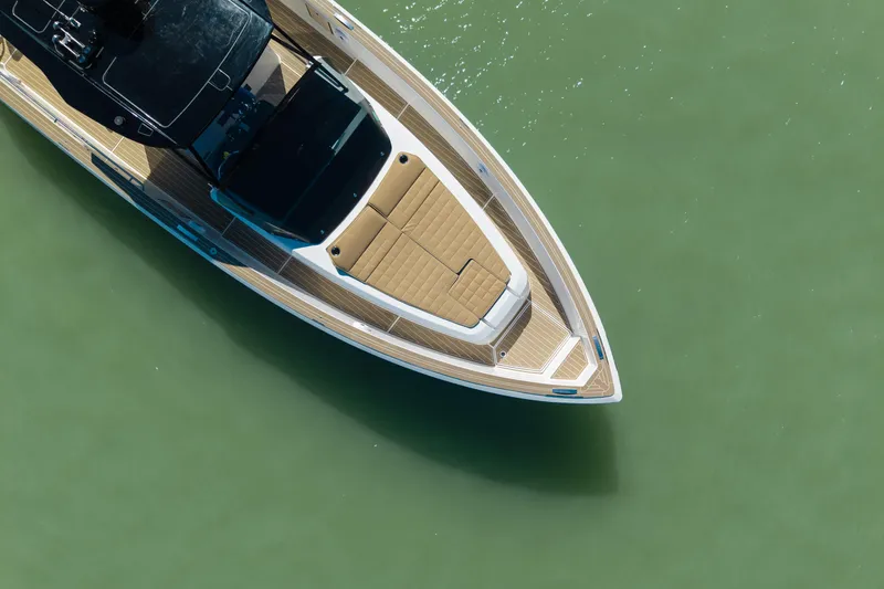 Slide: The Image of Aerial view of 2025 Pardo Yachts P38R luxury yacht on calm green water. - 6