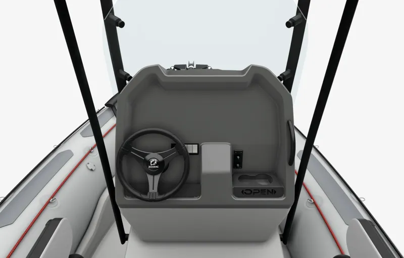 Slide: The Image of 2024 Zodiac Open 5.5 boat console with steering wheel and controls. - 12