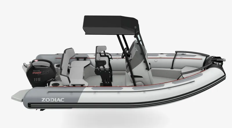 Slide: The Image of 2024 Zodiac Open 5.5 inflatable boat with 115 HP engine, side view. - 6
