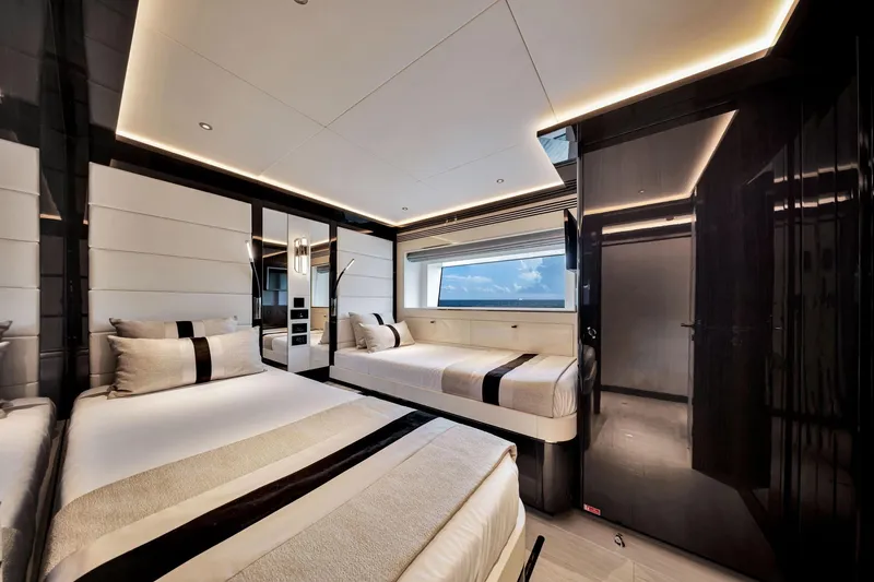 Slide: The Image of Luxurious interior of 2021 Sirena 88 yacht cabin with modern design and ocean view. - 116