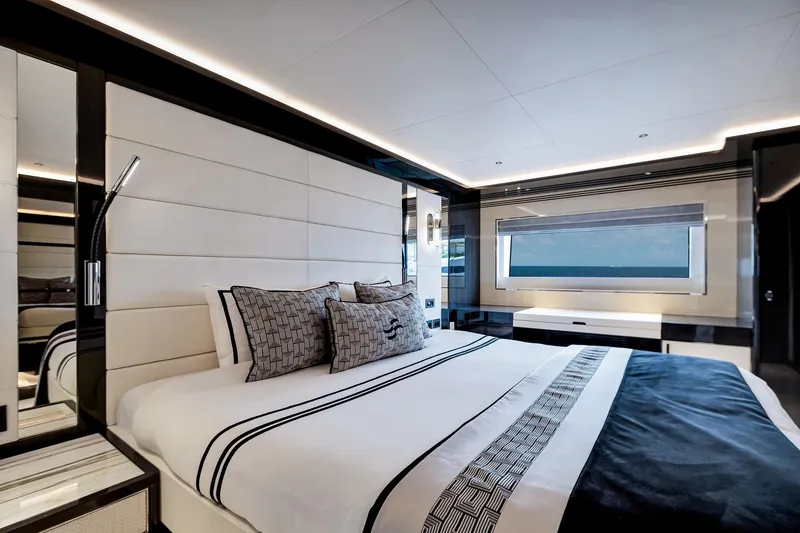 Slide: The Image of Luxurious bedroom interior of 2021 Sirena 88 yacht with modern design and ocean view. - 129