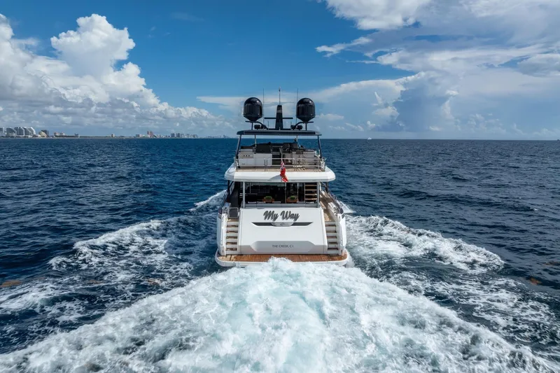 Slide: The Image of Sirena 88 yacht cruising on open sea, 2021 model, with city skyline in background. - 4