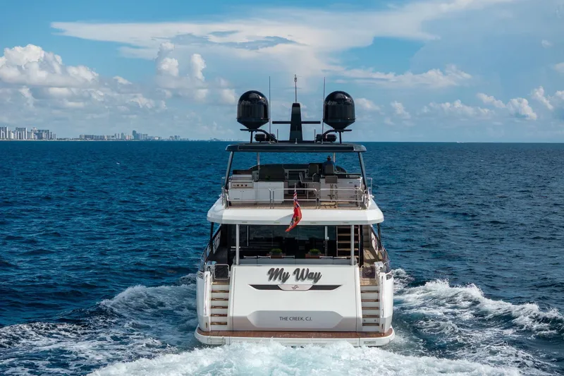 Slide: The Image of Luxury Sirena 88 yacht cruising on open sea, 2021 model, with city skyline in background. - 5