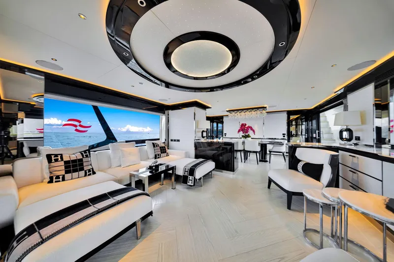 Slide: The Image of Luxurious interior of 2021 Sirena 88 yacht with modern decor and ocean view. - 50