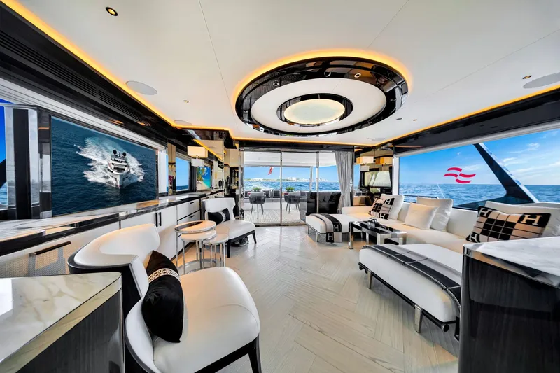 Slide: The Image of Luxurious interior of 2021 Sirena 88 yacht with modern furnishings and ocean view. - 57