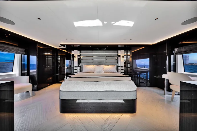 Slide: The Image of Luxurious interior of 2021 Sirena 88 yacht with modern bedroom design. - 77