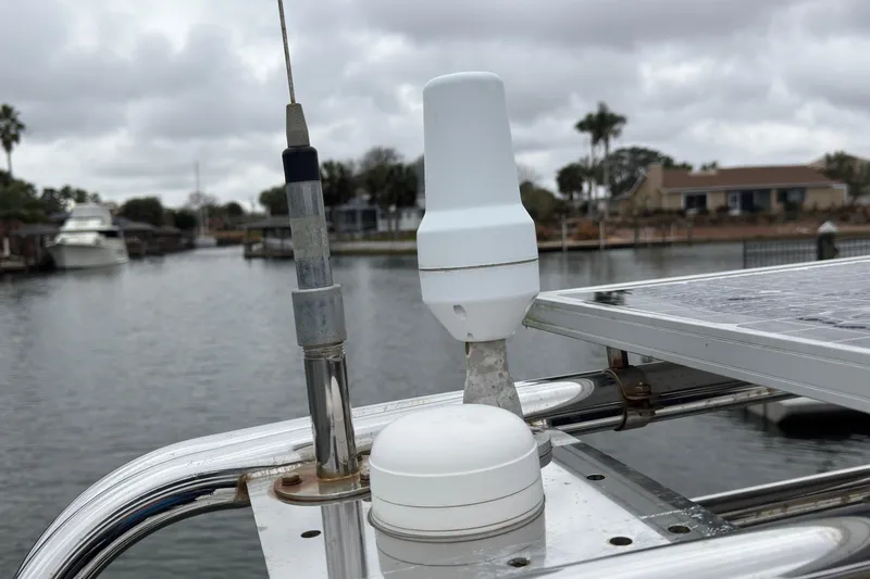 Slide: The Image of Close-up of Alliaura FEELING 44 DI yacht equipment, featuring antennas and solar panel, 2004 model. - 7