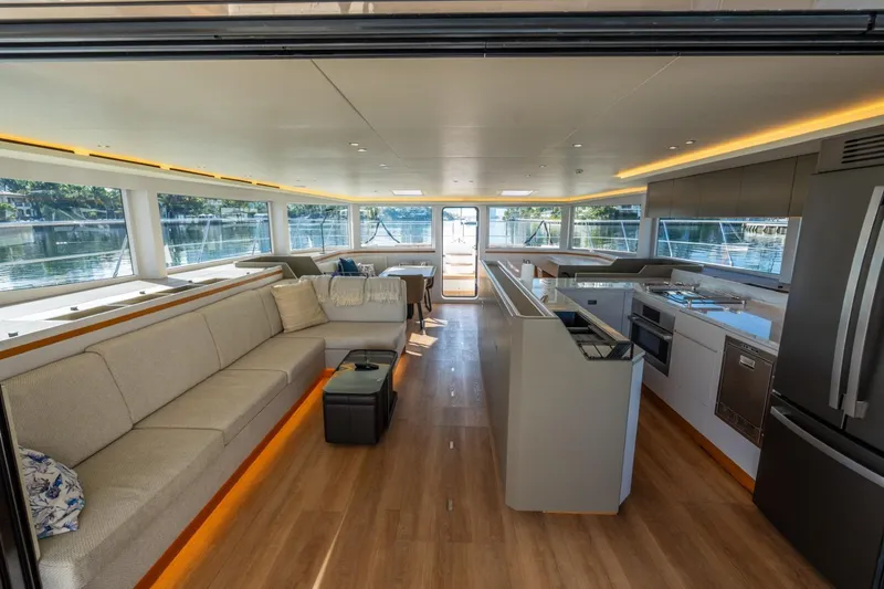Slide: The Image of Luxurious interior of 2023 Granocean 57 yacht with modern kitchen and spacious seating area. - 36