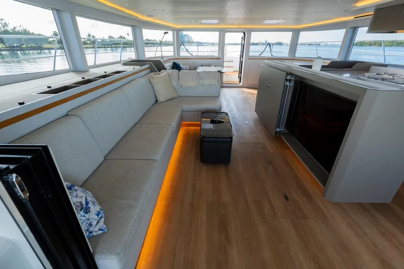 Slide: The Image of Luxurious interior of 2023 Granocean 57 yacht with modern seating and ambient lighting. - 60