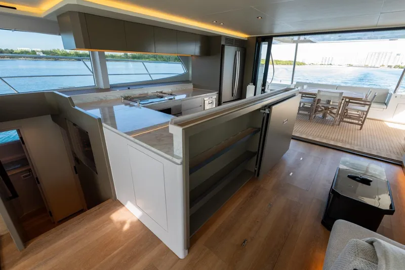 Slide: The Image of Luxurious Granocean 57 yacht interior with modern kitchen and open deck, 2023 model. - 61