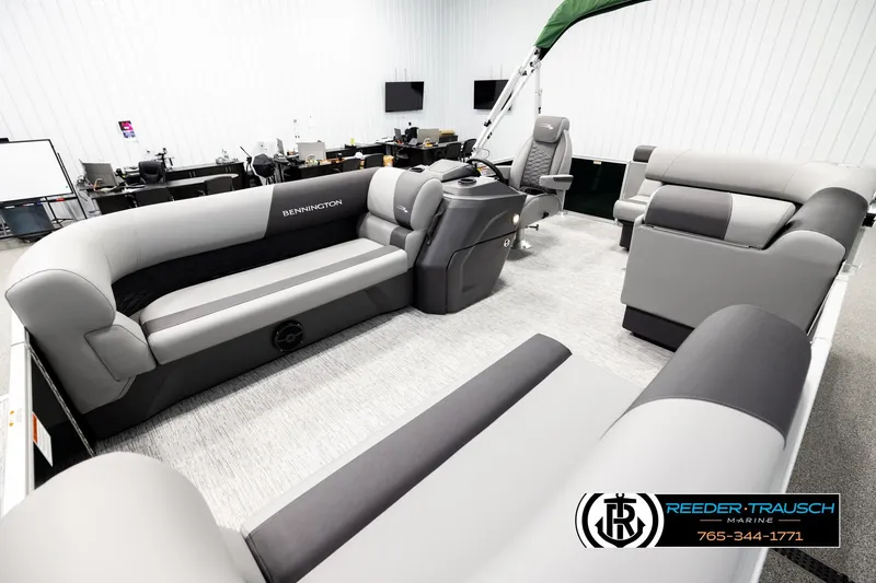 Slide: The Image of 2026 Bennington SLJSF pontoon boat interior with luxurious seating and modern design. - 10