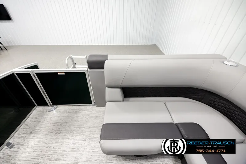 Slide: The Image of 2026 Bennington SLJSF boat interior with sleek gray seating and modern design. - 15