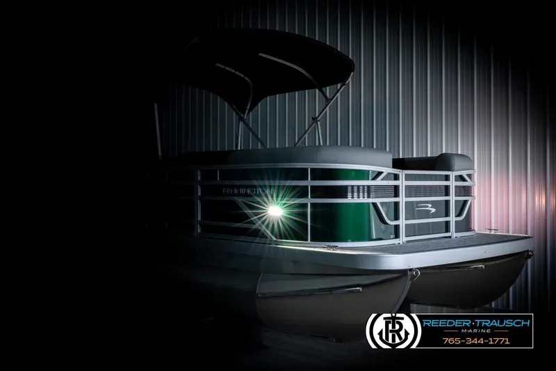 Slide: The Image of 2026 Bennington SLJSF pontoon boat with canopy, spotlight, and Reeder-Trausch Marine branding. - 4