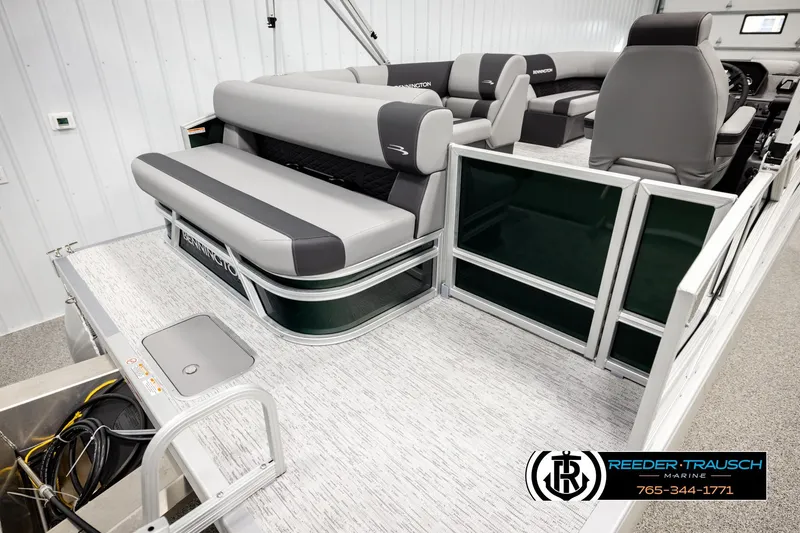 Slide: The Image of 2026 Bennington SLJSF pontoon boat interior with gray seating and modern design. - 47
