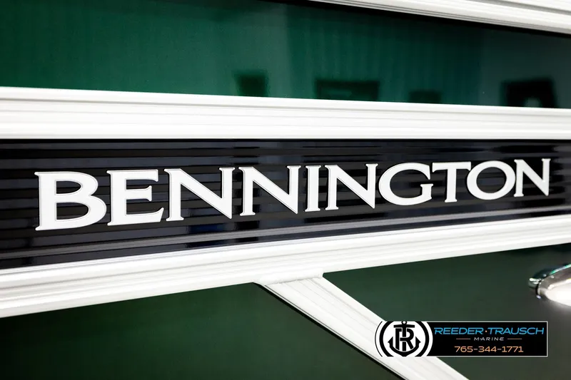 Slide: The Image of 2026 Bennington SLJSF boat logo with Reeder-Trausch Marine contact details. - 49