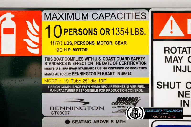 Slide: The Image of Boat capacity label for 2026 Bennington SLJSF, 10 persons or 1354 lbs, 90 HP motor. - 53