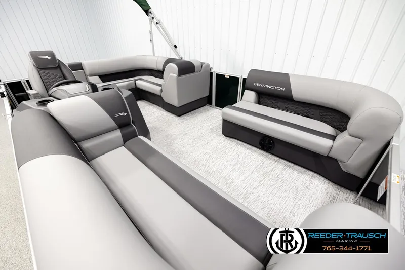 Slide: The Image of Luxurious interior of 2026 Bennington SLJSF pontoon boat with plush seating and modern design. - 9