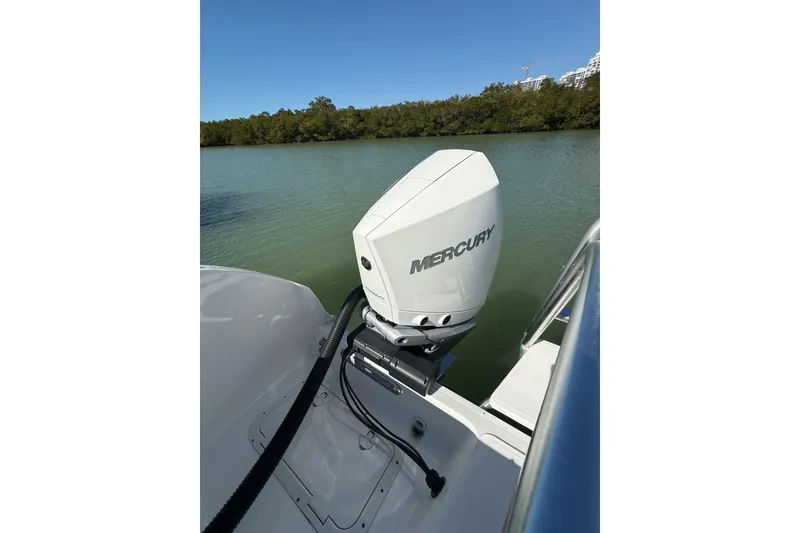 Slide: The Image of 2024 World Cat 296 DC boat with Mercury outboard engine on calm water. - 6