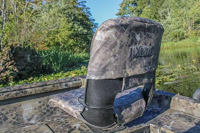 Slide: The Image of Camouflage seat on 2026 Excel Switchblade boat in a lush, green water setting. - 14