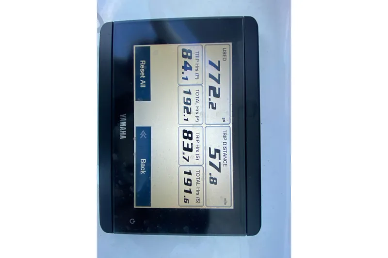 Slide: The Image of Yamaha display showing trip data on 2021 Sea Hunt Gamefish 27 Forward Seating. - 25