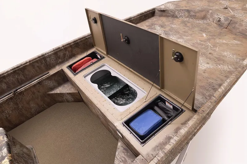 Slide: The Image of Manufacturer Provided Image: 2026 G3 Gator Tough 20 CC boat storage compartments with open lids and organized gear. - 2