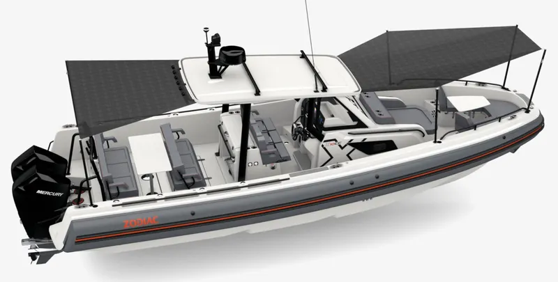 Slide: The Image of 2025 Zodiac X10CC boat with canopy, modern design, and spacious seating. - 7