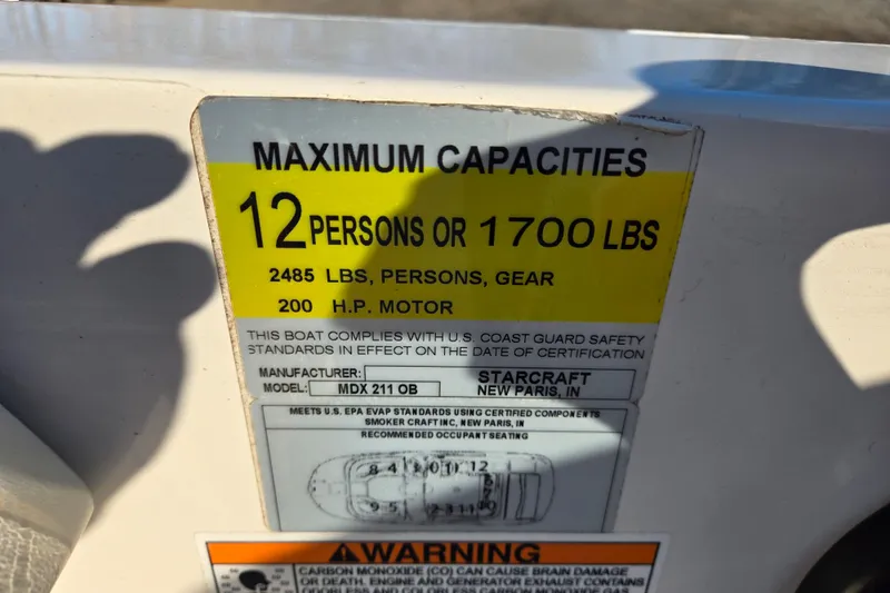 Slide: The Image of 2019 Starcraft MDX 211 O/B capacity label: 12 persons, 1700 lbs, 200 HP motor. - 42