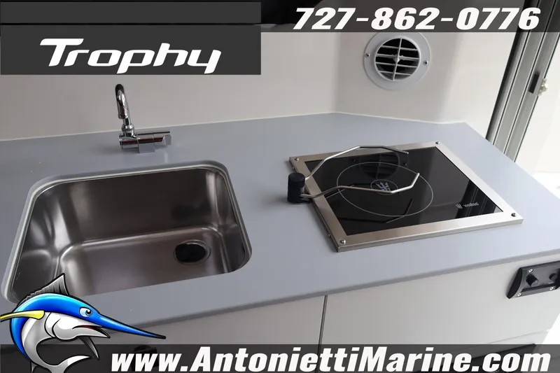 Slide: The Image of 2026 Bayliner Trophy T25 Explorer kitchen area with sink and stove. - 12