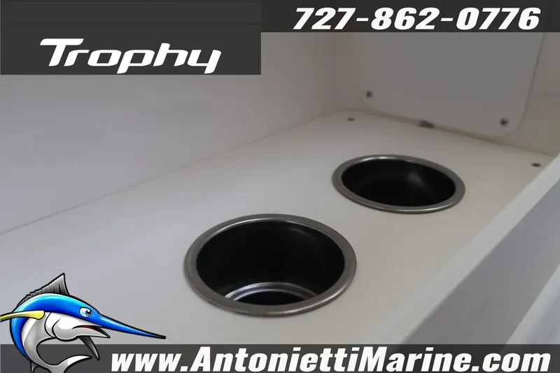Slide: The Image of 2026 Bayliner Trophy T25 Explorer cup holders, Antonietti Marine contact details. - 37
