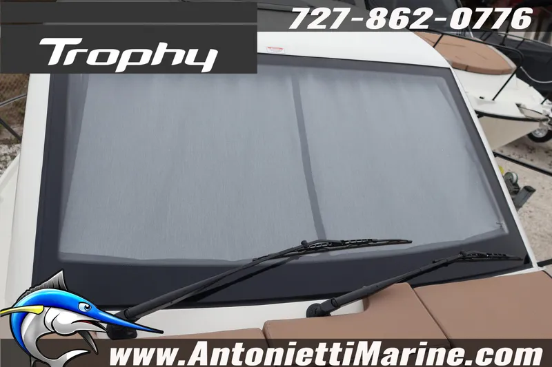 Slide: The Image of 2026 Bayliner Trophy T25 Explorer boat windshield with wipers, Antonietti Marine branding. - 46