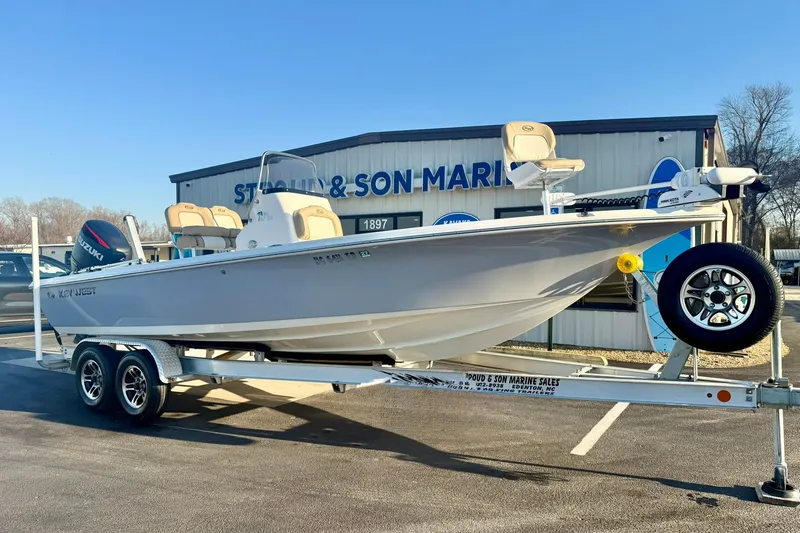 Slide: The Image of 2020 Key West 230 Bay Reef boat on trailer at dealership. - 4