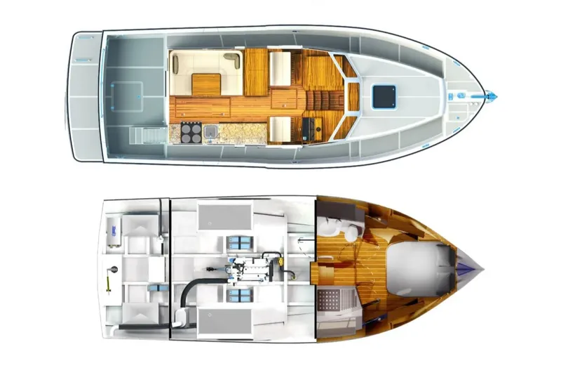 Slide: The Image of 2025 Helmsman Trawlers 38 Sedan interior layout, showcasing upper and lower deck designs. - 33